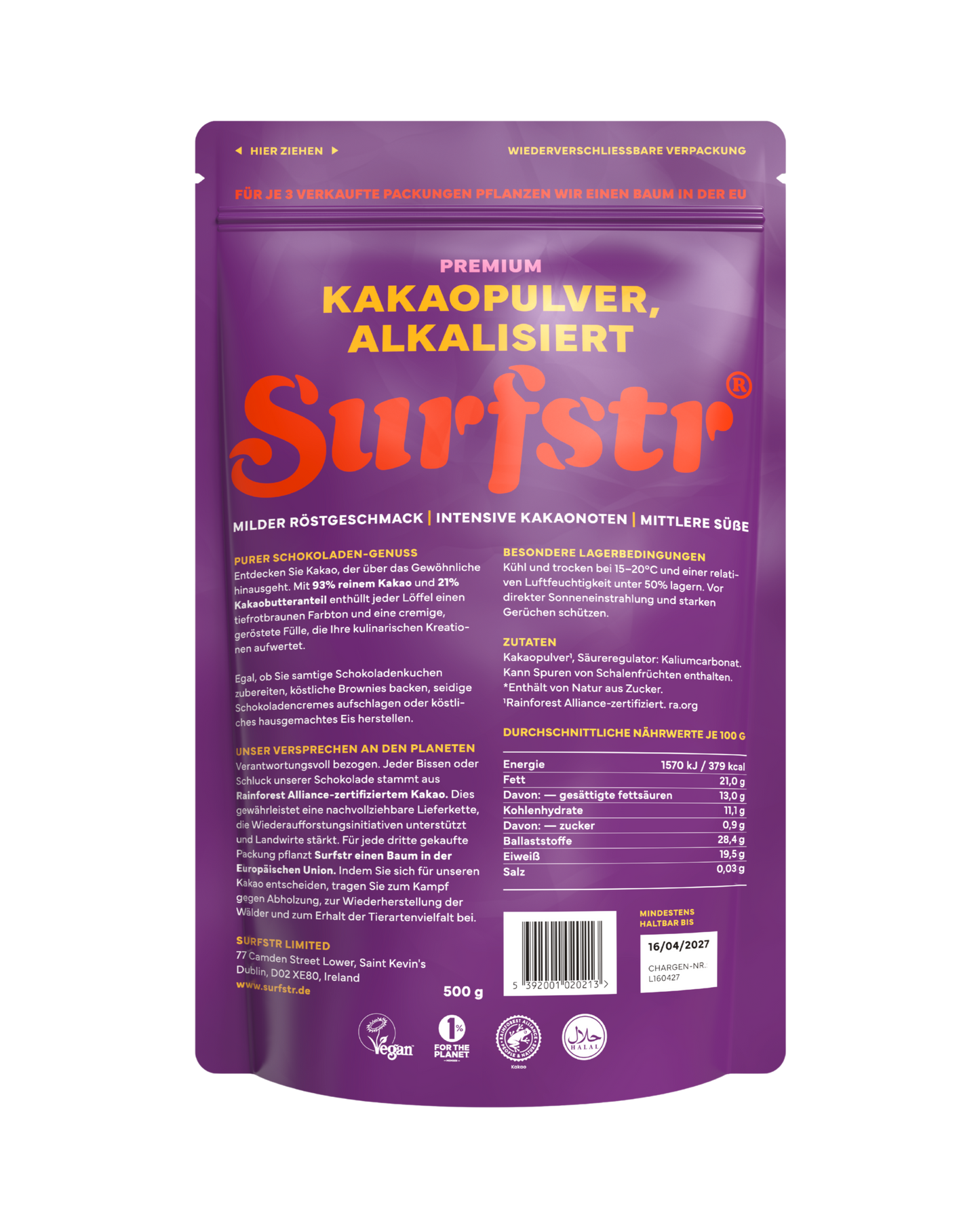 Purple package of Surfstr premium cocoa powder on a white background