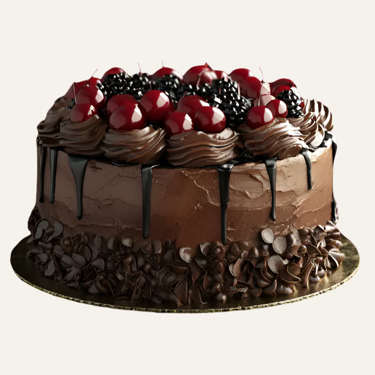Chocolate cake with berries on an orange background