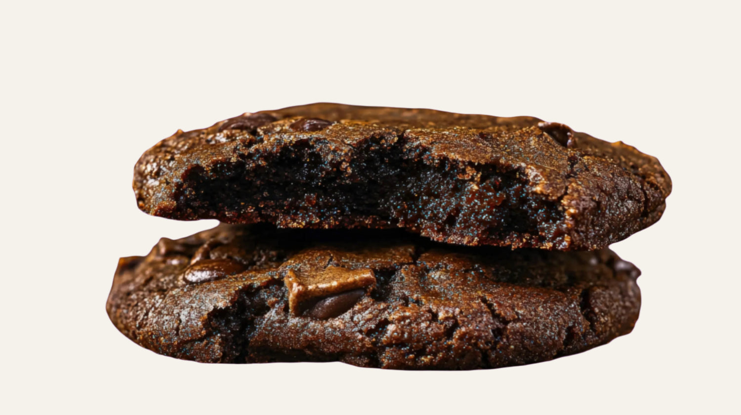 Two chocolate cookies stacked on an orange background