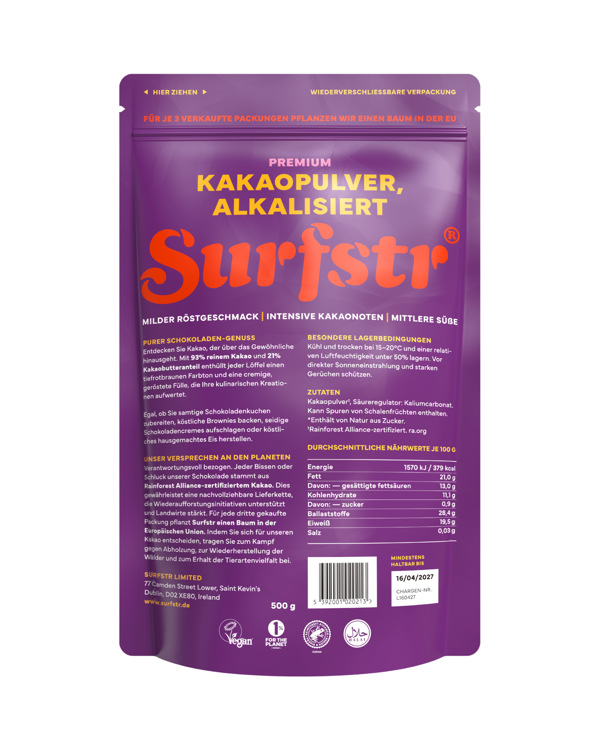 Purple package of Surfstr premium cocoa powder on a white background