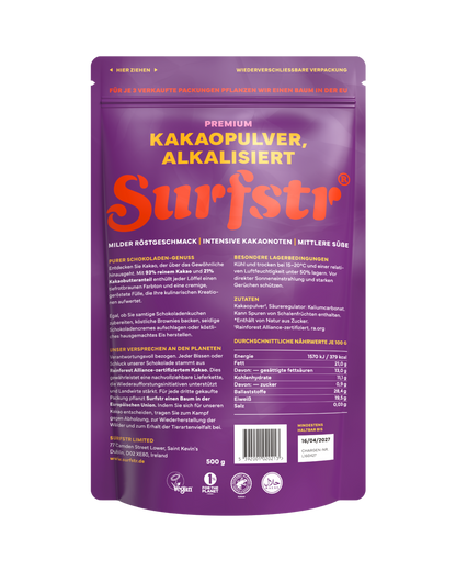 Purple package of Surfstr premium cocoa powder on a white background