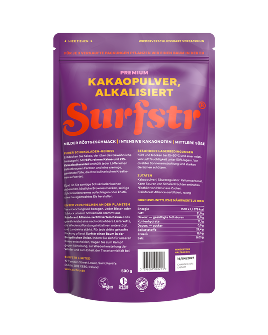Purple package of Surfstr premium cocoa powder on a white background